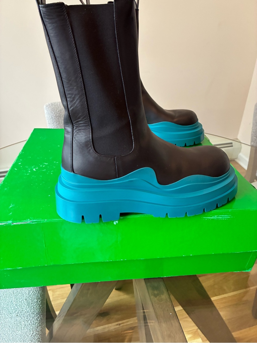 Bottega Veneta Black Leather Boots with Turquoise Platform Soles